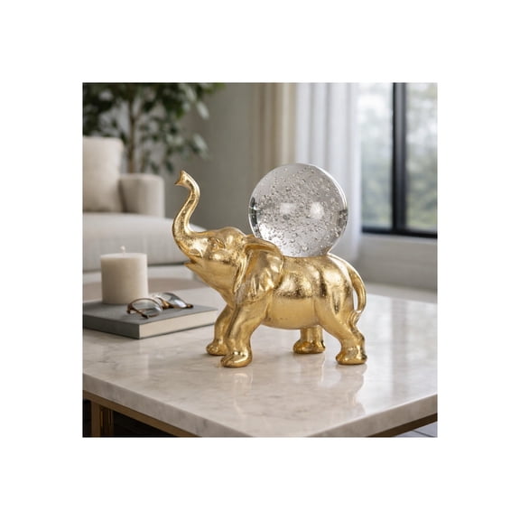 Elephant Figurine with Crystal Ball for Home Decor - Sculpture with Glass Orb for Living Room, Shelf, Office, or Bathroom Styling - Glam Accents Display for Console and Mantel - 9", Gold & Metallic