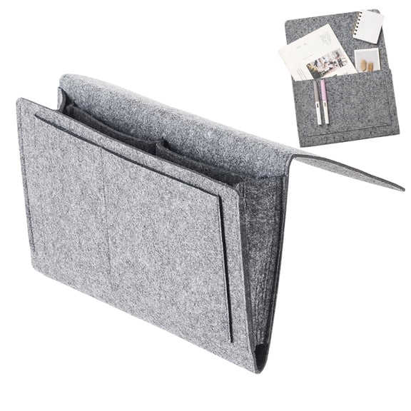 Felt Bedside Pocket Caddy,Hanging Bed Storage Organizer for Bed Frame or Sofa,Under Mattress Storage Holder for Phone,Tablet,Remotes and Magazines,Gray