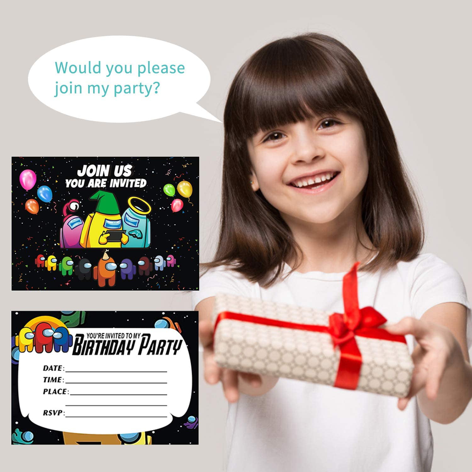 16 Invite Cards for Boys A-mong us Party Supplies Video Game Among Birthday Party Invitations 