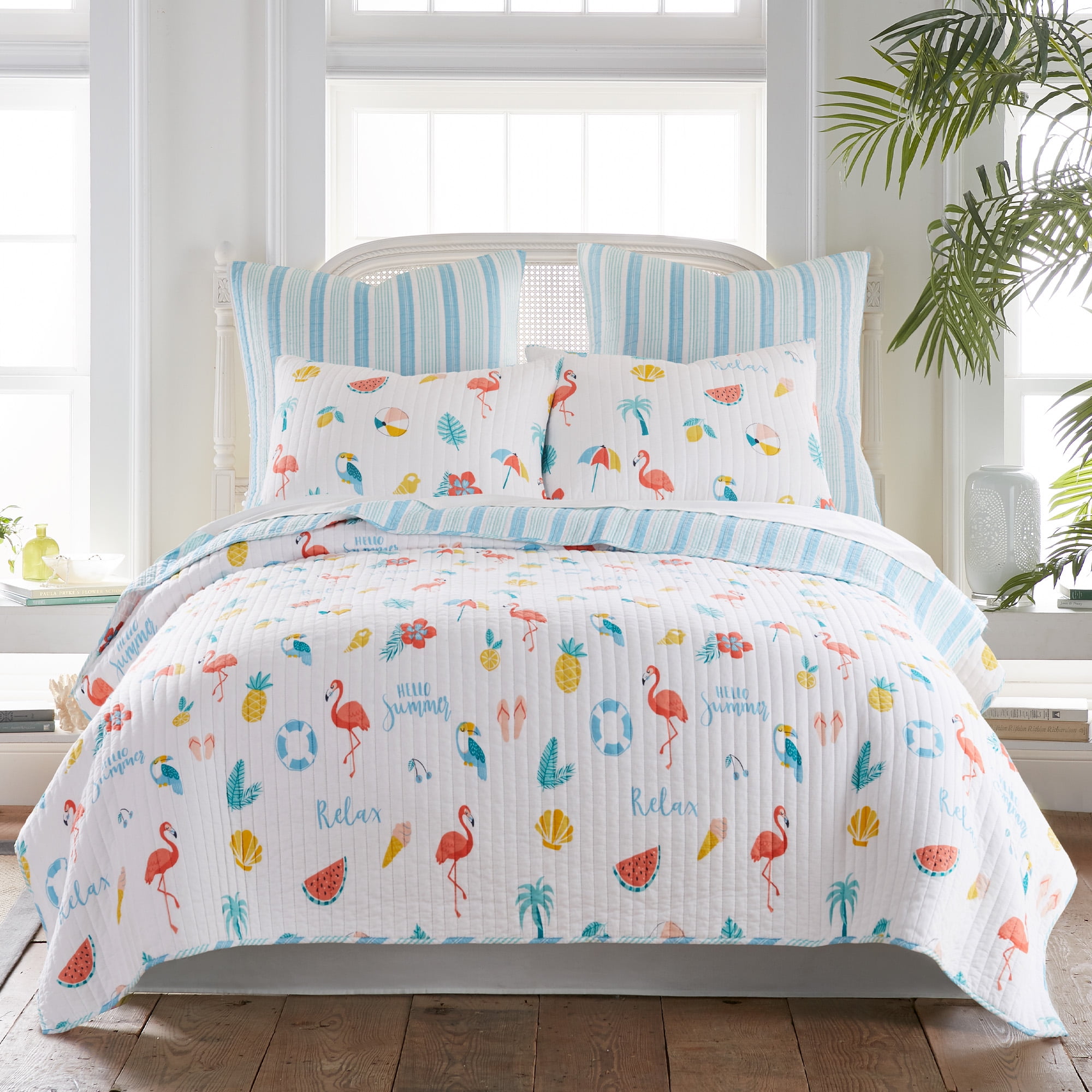 Levtex Home - Summertime Quilt Set - King Quilt and Two King Shams - Coastal Beach - Teal, Coral, Yellow, Blue and White - Quilt (106x92in.) and Shams (20x36in.) - Reversible - Cotton