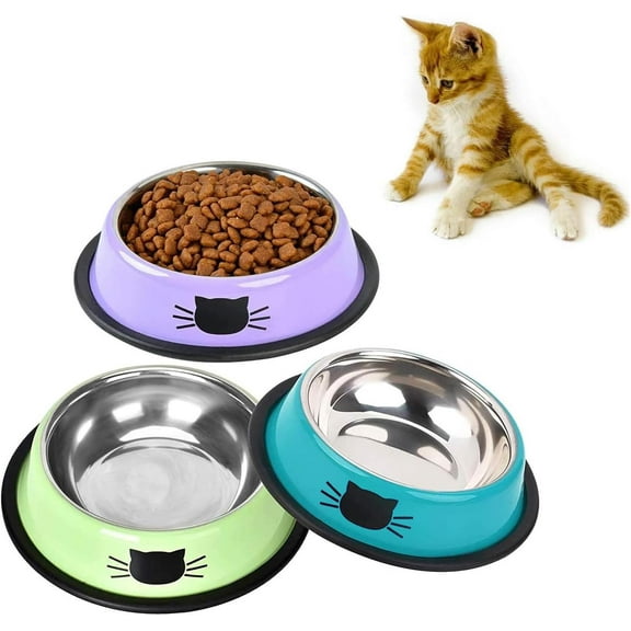 Cat Bowls,Stainless Steel Cat Water Food Bowl,Puppy Feeding Bowl,Set of 3 Shallow Pet Bowl Rubber Base Non Slip Small Dogs Feeder Bowls