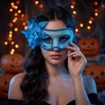 thumbnail image 5 of Masquerade Mask Blue Sheer Lace Feather Flower Design 1 Piece for Women Halloween Mardi Gras Prom Formal Party Accessory, 5 of 5