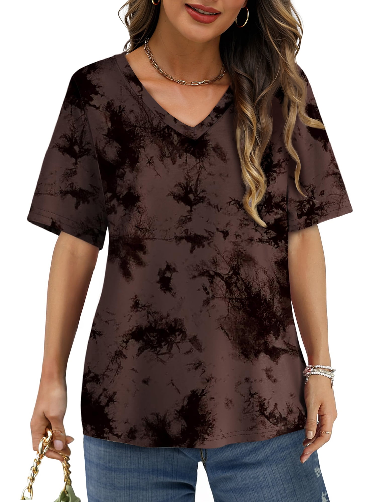 MOSHU Womens T-Shirts V Neck Short Sleeve Loose Tees Tops Casual Tie Dye Shirts for Women