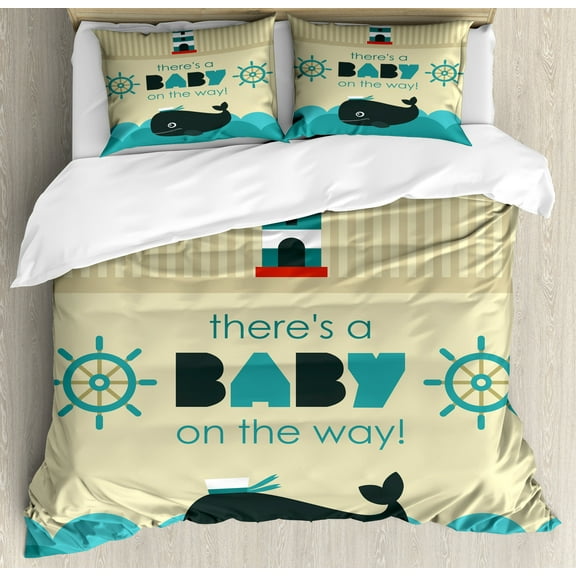 Reveal Party Duvet Cover Set, Little One on the Way Message with Marine Theme Ahoy Dolphin Wheel, Decorative 3 Piece Bedding Set with 2 Pillow Shams, Queen Size, Dark Blue Khaki Teal, by Ambesonne