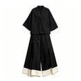 thumbnail image 4 of Costeam Womens Solid Linen Blend Two Piece Outfit V Neck Three Quarter Sleeve Crop Top Contrast Cuff Wide Leg Full Length Pants Loose Fit Casual Bohemian Co Ord Set, 4 of 5