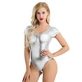 thumbnail image 3 of Aislor Womens Shiny Leather Short Sleeve Leotard Bodysuit with Elbow Length Fingerless Gloves for Party Silver 3XL, 3 of 7