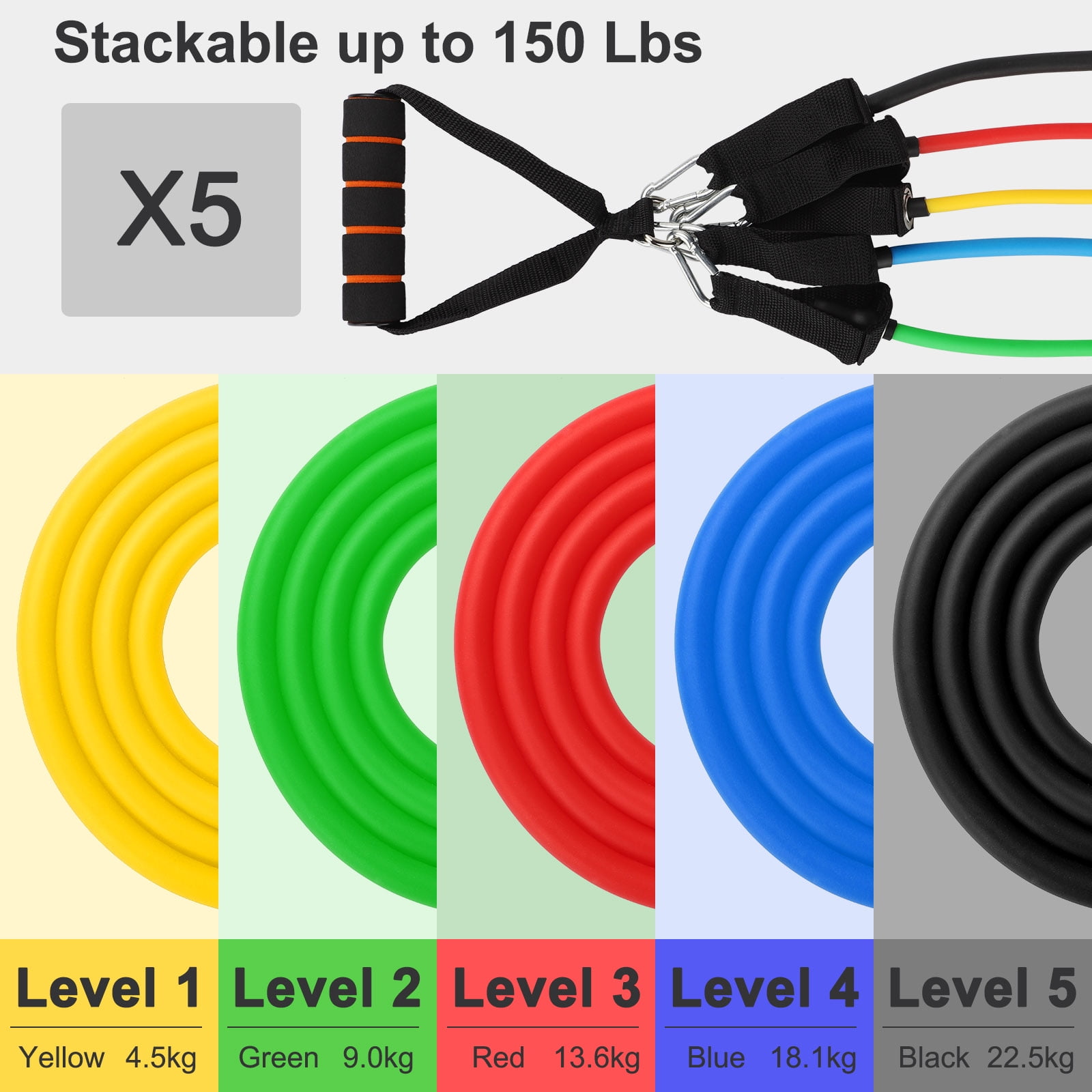 11pcs Resistance Bands, Exercise Bands, Workout Bands with Training Tubes, Handles, Ankle Straps, 5 Resistance Levels Fitness Bands for Physical Therapy, Yoga, Pilates