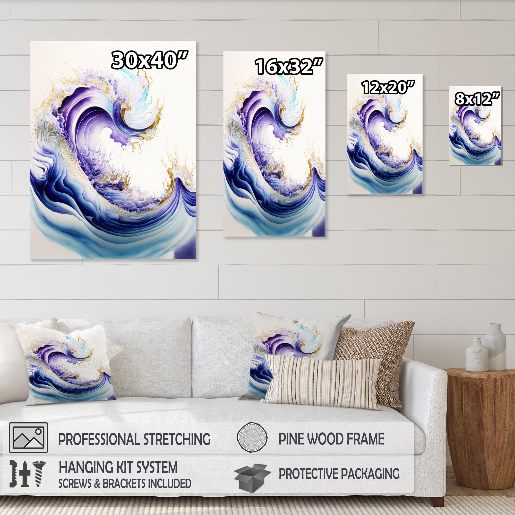 Designart Blue, Gold And Purple Splash Paint II Canvas Wall Art