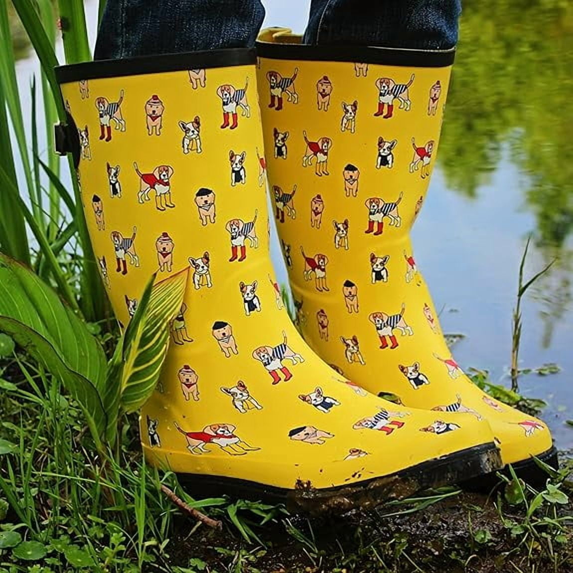 Landchief Women's Tall Waterproof Rubber Rain Boots for Garden, Size 10, Pup Parade