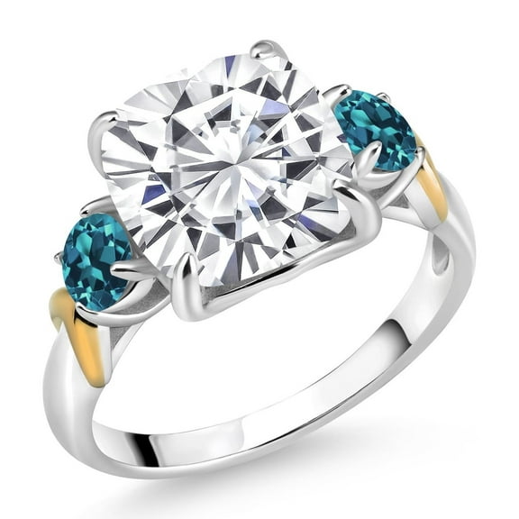 Gem Stone King 925 Silver and 10K Yellow Gold White Moissanite and London Blue Topaz 3 Stone Ring for Women (5.66 Cttw, Gemstone Birthstone, Cushion 10MM, Round 4MM, Size 9)