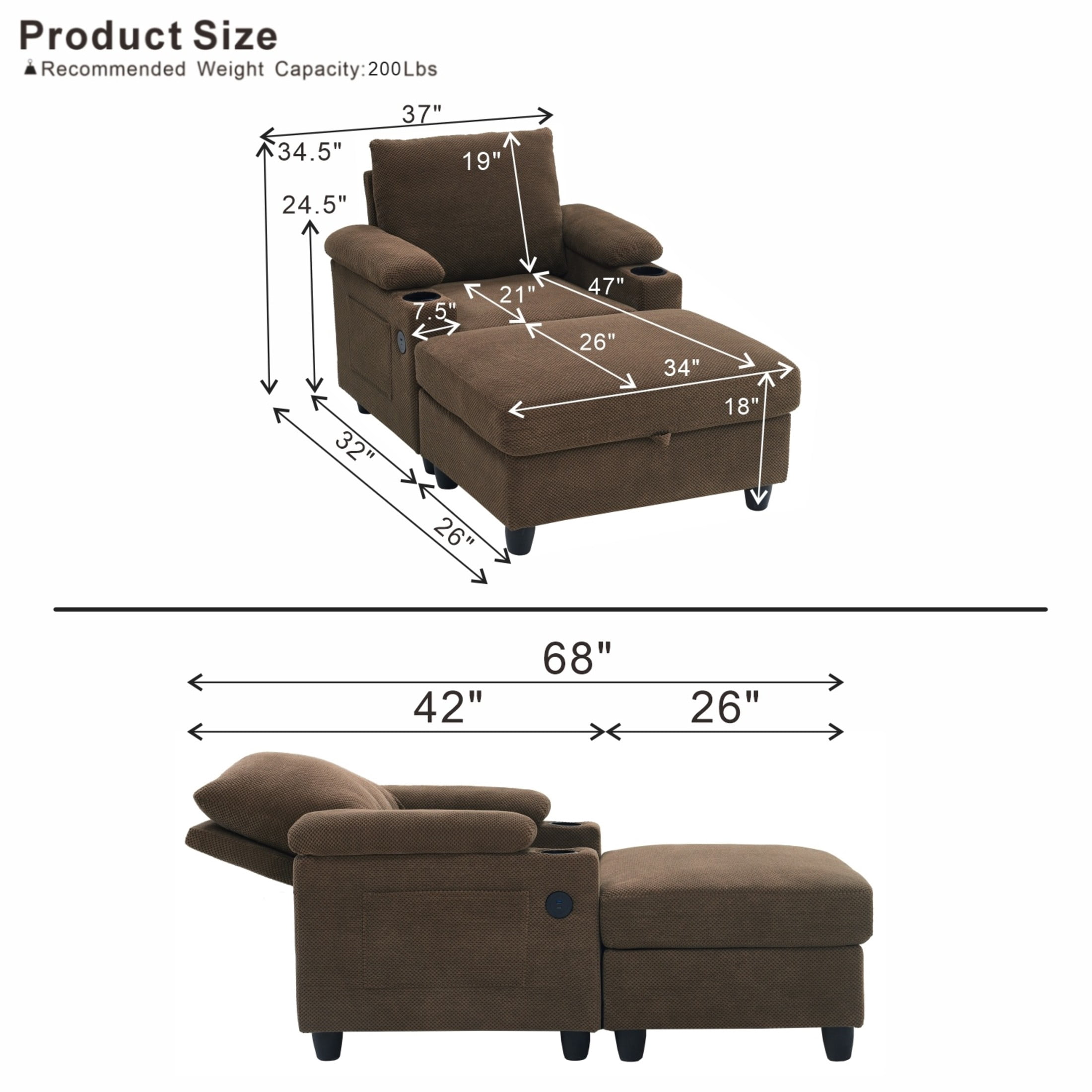 GDF Studio Abriel Accent Chair with Storage Ottoman, USB Ports & Cup Holders, Versatile Chaise Lounge, Coffee