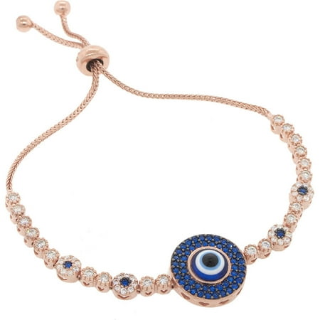 Pori Jewelers Blue CZ 18kt Rose Gold-Plated Sterling Silver Eye Bracelet Friendship Bolo Adjustable Bracelet