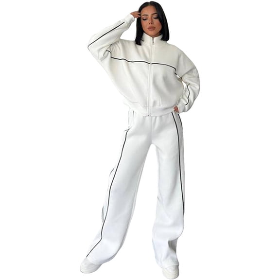 Silver Basic Womens Fashion High Collar Zipper Sports Set Two Piece Sports Hoodie Widening Edition And Running Pants S,White-1