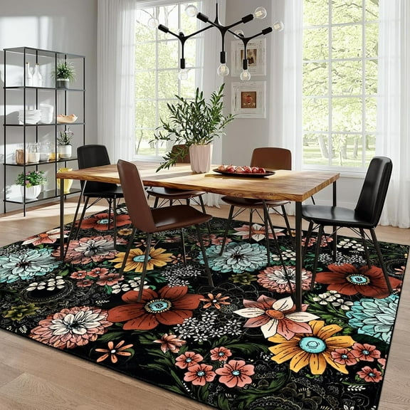BLEUM CADE Boho Floral Area Rugs for Living Room 5x7, Washable Soft Faux Wool Rug Carpet for Bedroom