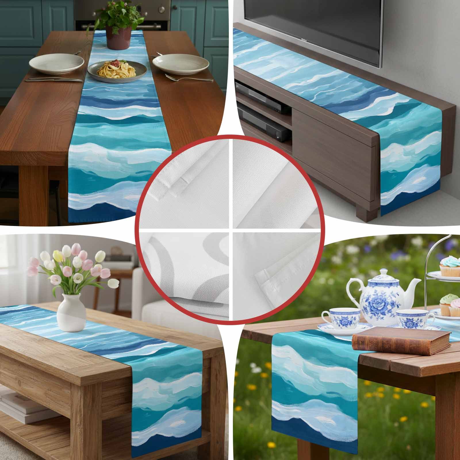 Summer Navy Blue Water Ripple Table Runner 90 Inches Long, Watercolor Gradient Ombre Table Runners Tabletop Scarf Kitchen Dining Tables Decoration for Home Party Indoor Outdoor