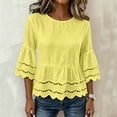 thumbnail image 5 of Lenpel Womens Cotton Linen Tops Fall 3/4 Length Sleeve Crew Neck Peplum Blouses Casual Fashion Hollow out Shirts, 5 of 7