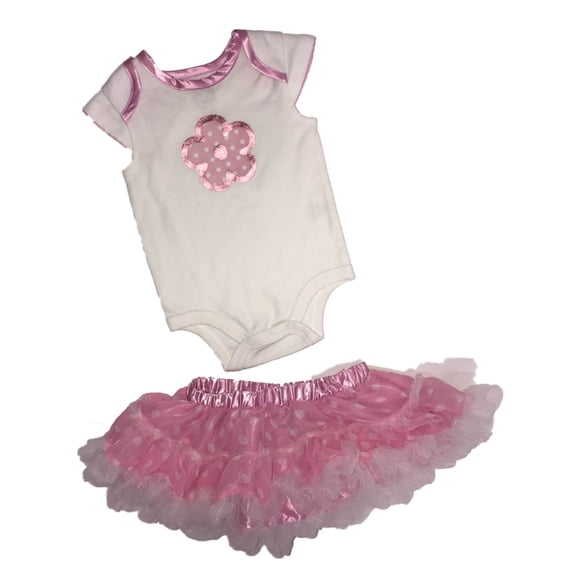 Infant Girls White & Pink Flower Bodysuit & Tulle Ruffle Tutu Skirt Baby Outfit