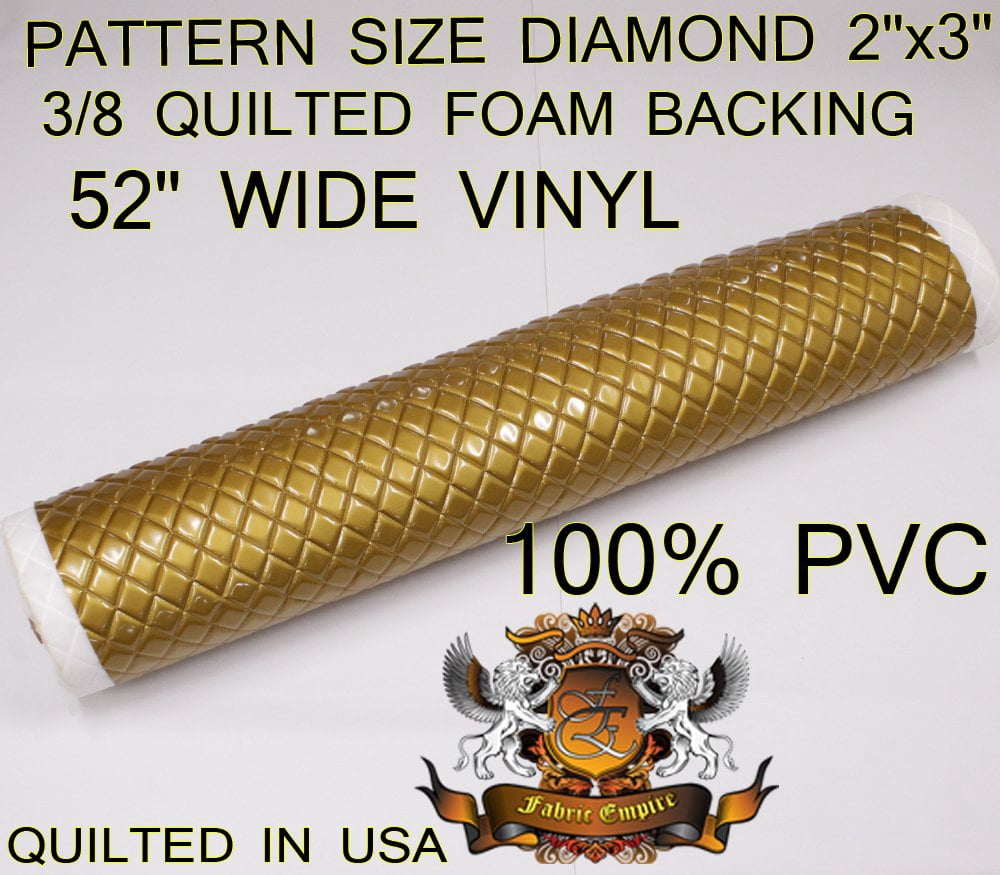 Quilted Vinyl Padded Upholstery Fabric w 3/8" Foam Backing Glossy Grain 2"x3" Diamond /52" Wide/Continuous Yard/ Commercial Seating, Easy-clean Surface, Accent Chair, Couch Cushion Cover (GOLD)