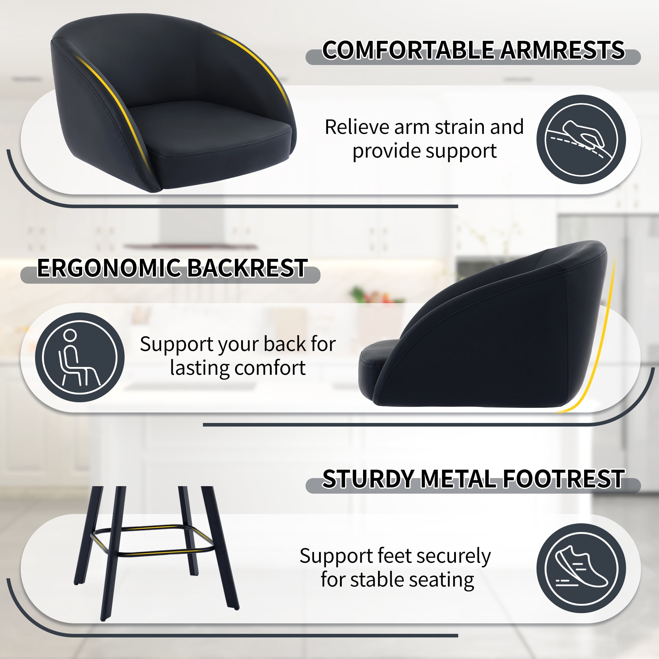 FIRAVOE Bar Stools with Back Set of 2, Swivel Counter Height Bar Stools with Footrest (26") Faux Leather Black Barstools for Kitchen Island