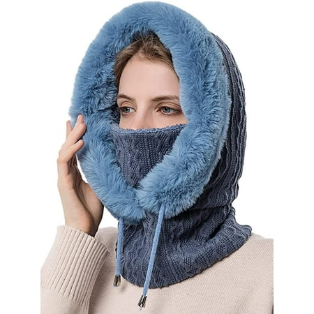 

PIKADINGNIS Women One Piece Slouchy Fleece Beanie Hats Scarf Mask Drawstring Warm Hooded Winter Balaclava Pullover Knitted Hat