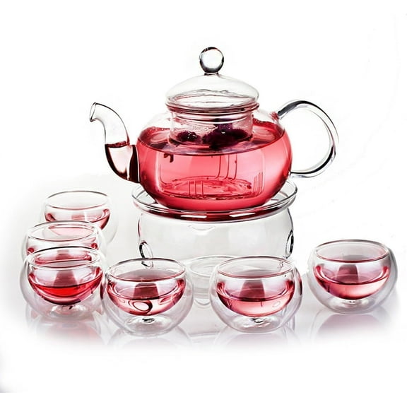 11 PC-Glass Filtering Tea Maker Teapot with a Warmer and 6 Tea Cups Set (Version 2, 27-Oz)