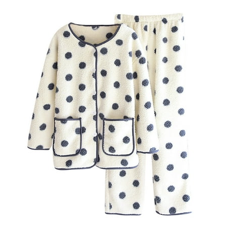 

kakina CMSX Clearance Women Fashion Cute Dots Flannel Thickened Plus Velvet Homewear Pajama Pants Sets White L
