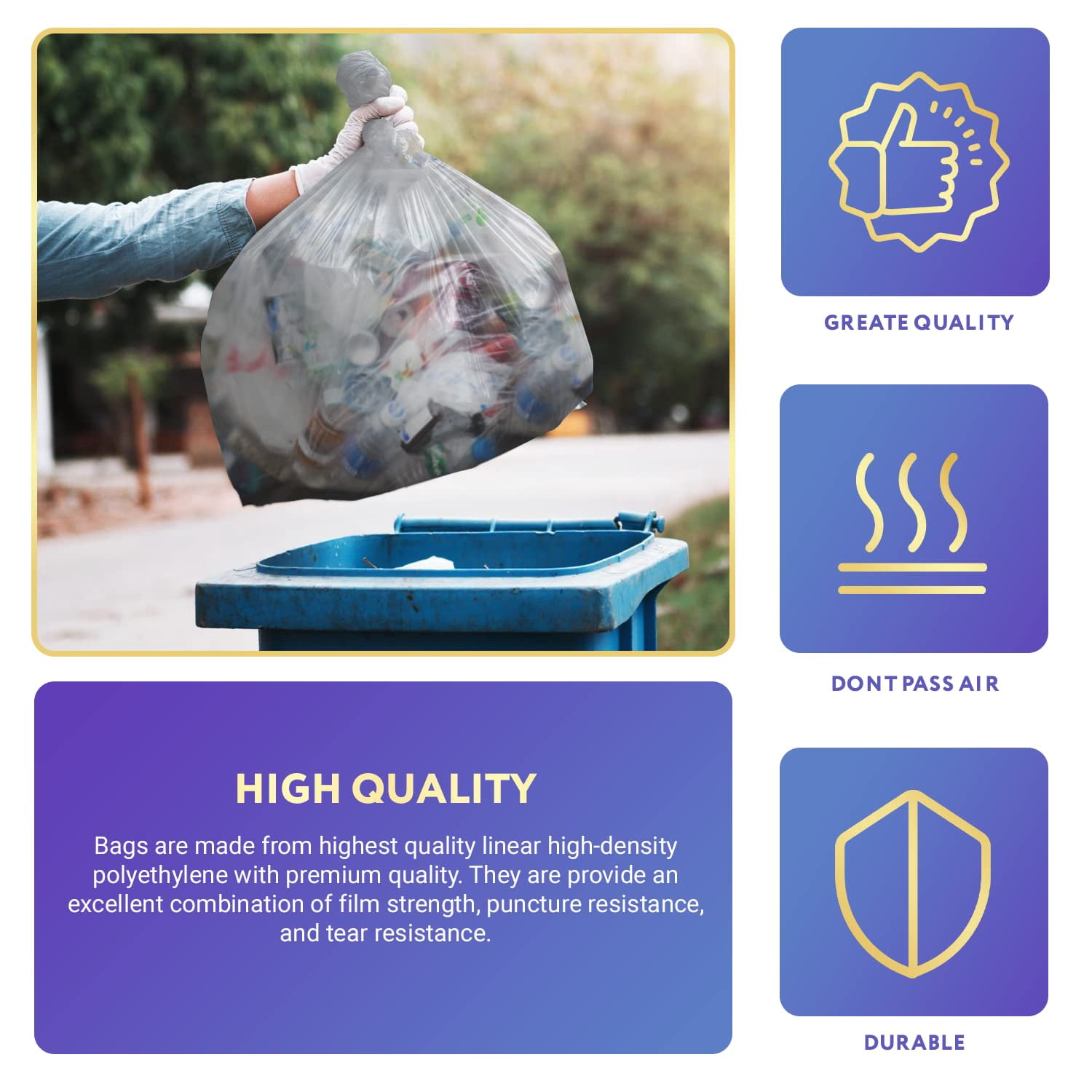 Clear Trash Can Liners, Polyethylene Leakproof Garbage Bags, 500 Count, 20-30 Gallon