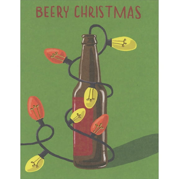 Designer Greetings Beery Christmas: Brown Bottle with String of Lights Funny Christmas Card