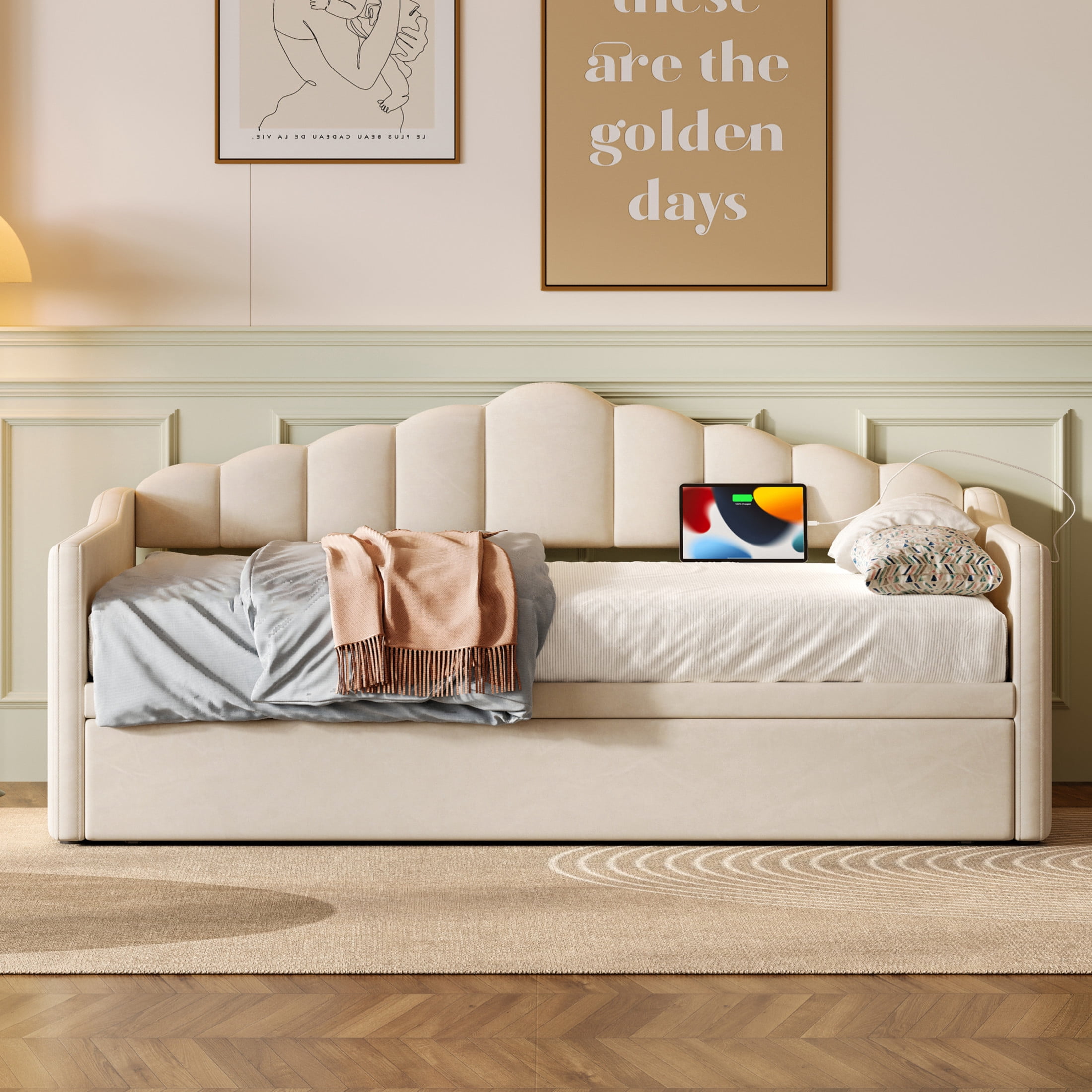 Noble House Twin Upholstered Daybed with Pop-Up Trundle, USB and Type-C Charging Ports, Beige