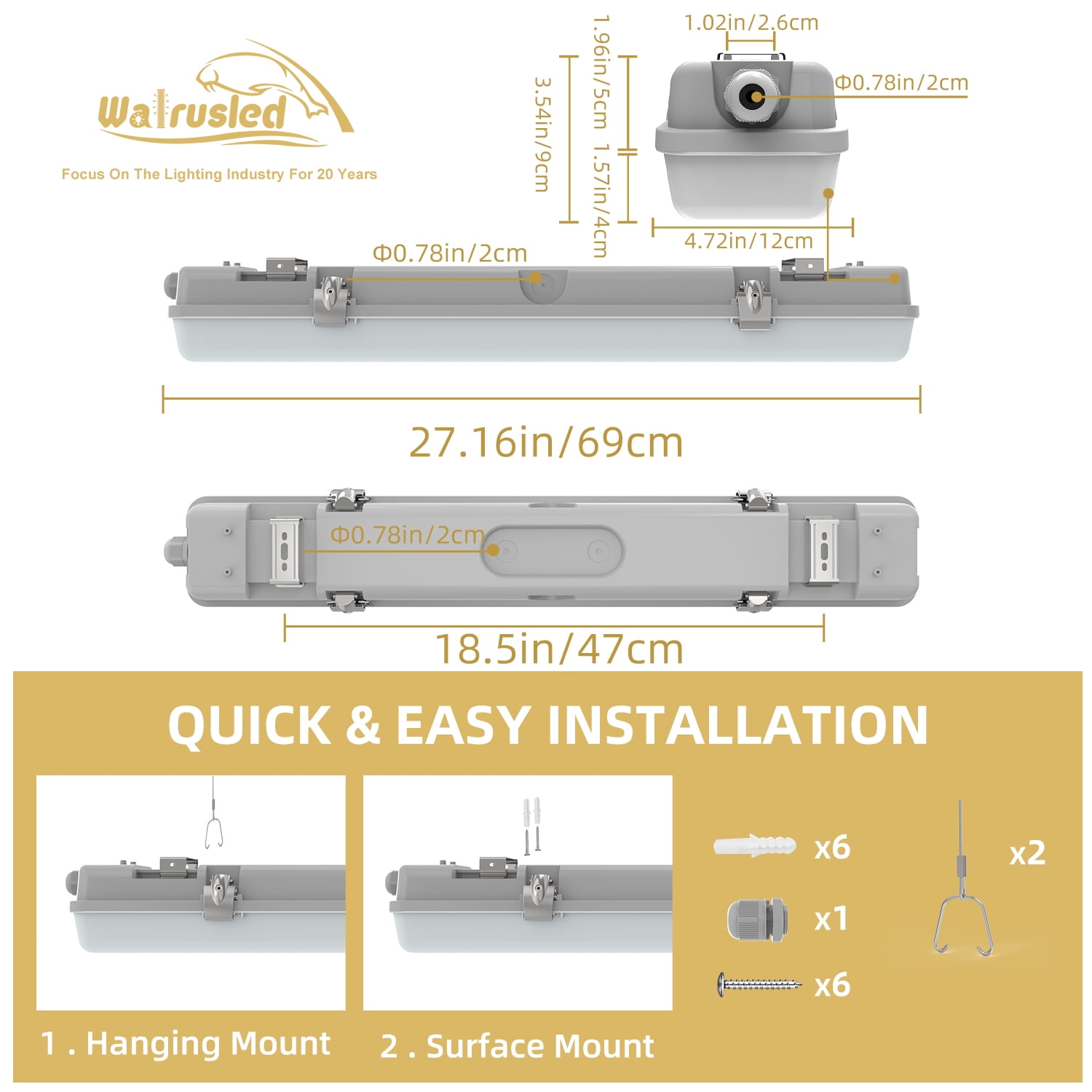 2FT Tri-Level Motion Sensor LED Vapor Tight Light, IP65 IK08, 10W(1250lm)/20W(2500lm), 3/4/5000K CCT Selectable, 100-277V, Dimmable, Outdoor Waterproof Shop Light, Vapor Proof Lighting Fixture, FCC