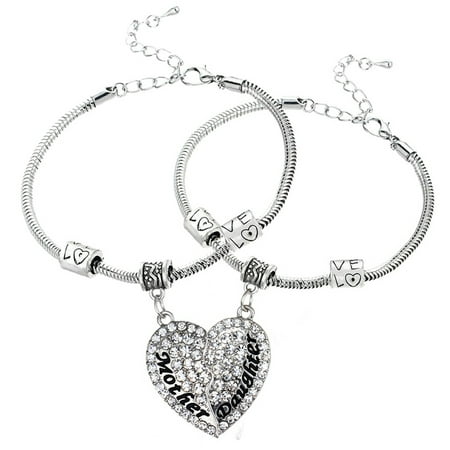 2 Pcs. Set Mother Daughter  Anti-Tarnish Crystal Heart Best Friend Love Bracelets Silver Tone 