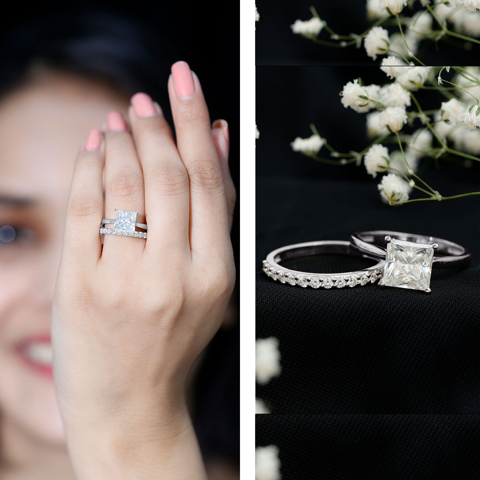Rosec Jewels Moissanite Wedding Ring Set for Women - 3 Carat Engagement Ring with Enhancer - D-VS1 Grade Certified, 10K White Gold, US 9.50