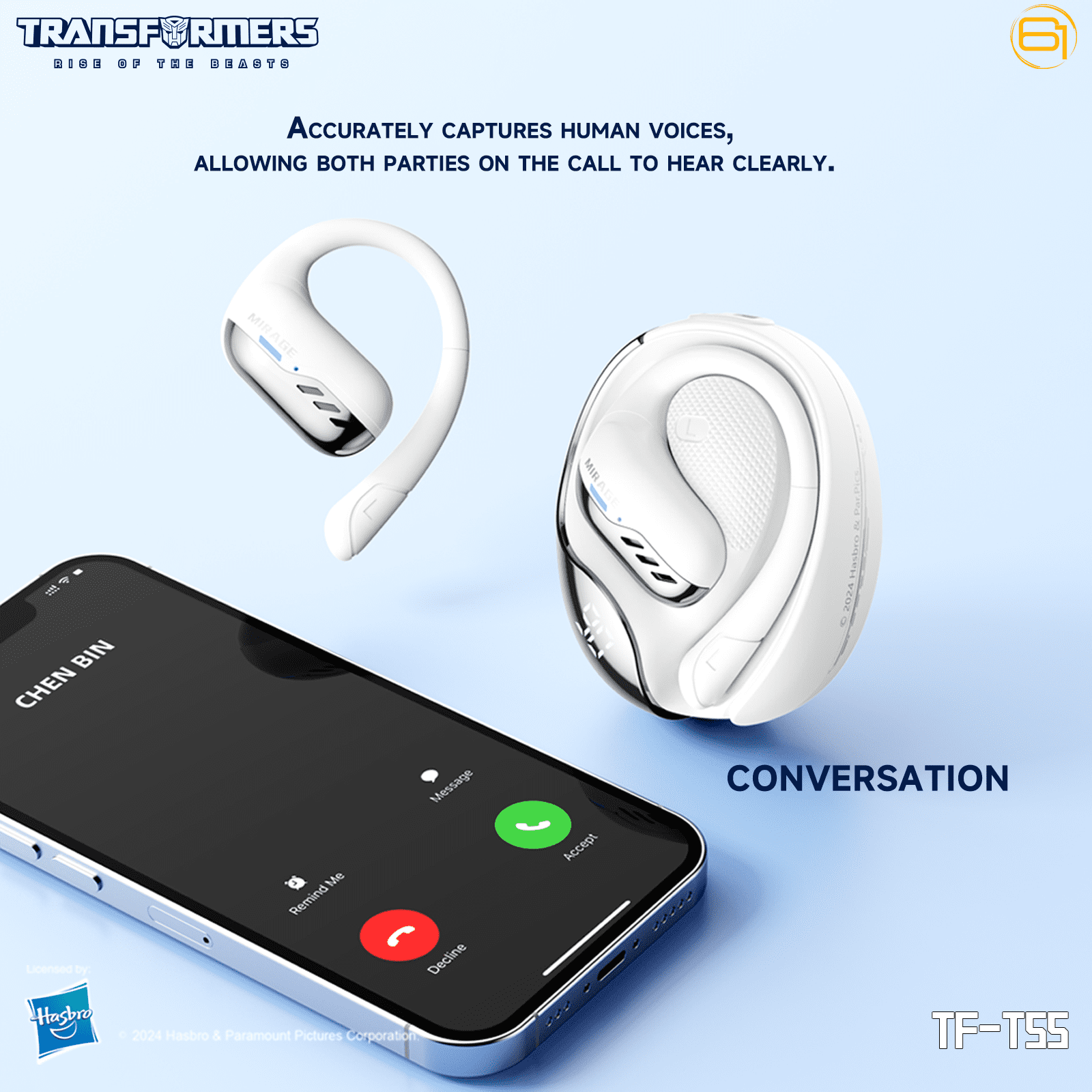 Transformers TF-T55 Open-Back Bluetooth Wireless Earbuds, Sleek Wing-Like Design Passive Noise Cancelling In-Ear Cool HiFi Calling Dual Modes Sports Earphones LED Display – Beige Airazor