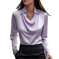 thumbnail image 3 of Women's Satin Cowl Neck Long Sleeve Blouse Elegant Silky Formal Office Top for Work, Business Purple L, 3 of 6