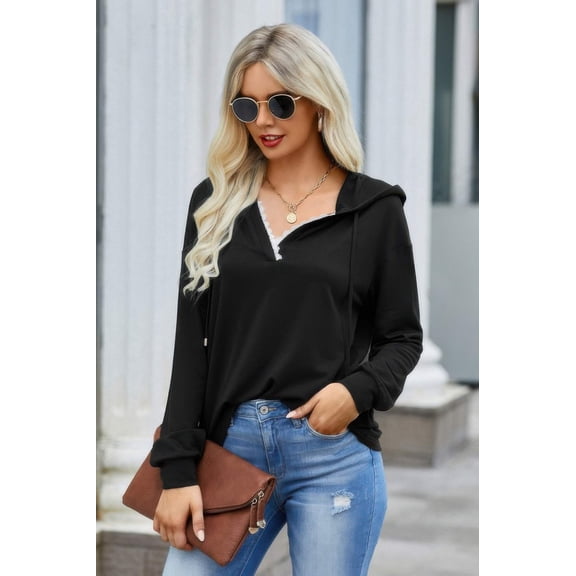 Solid Lace Trim Long Sleeve Loose Hoodie