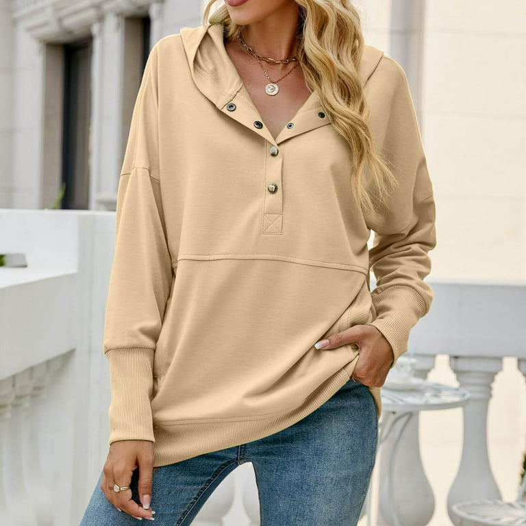 XFLWAM Womens Oversized Hoodie Sweatshirt Casual Button Down V Neck  Pullover Tops Long Sleeve Hooded Jumper with Pockets Pink L 
