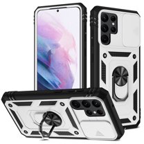 Military Grade Drop Impact for Samsung Galaxy S22 Ultra Camera Lens Slide Protection Case 360 Metal Rotating Ring Kickstand Holder Armor Shockproof Case For Samsung Galaxy S22 Ultra,
White