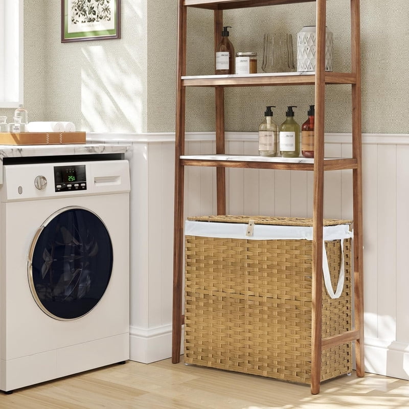 Kelno 110L Laundry Basket with Lid Foldable Rattan Clothes Hamper with Removable Liner Bag, Natural