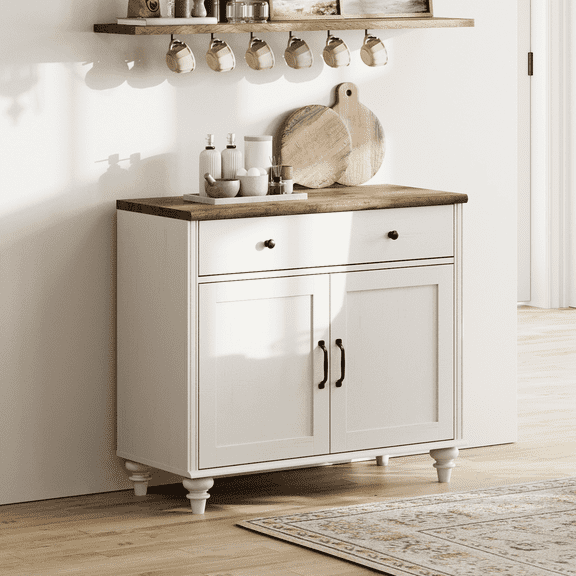 WAMPAT Credenzas & Sideboards with 2 Doors and 1 Drawers, Modern Farmhouse Coffee Bar Table Wooden Kitchen Buffet Cabinet with Storage Cabinets, for Dining Room, White, 34 inch
