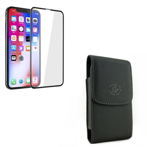 Black Leather Side Case Cover Pouch Holder w 5D Tempered Glass Screen Protector Curved Compatible With iPhone XS Max