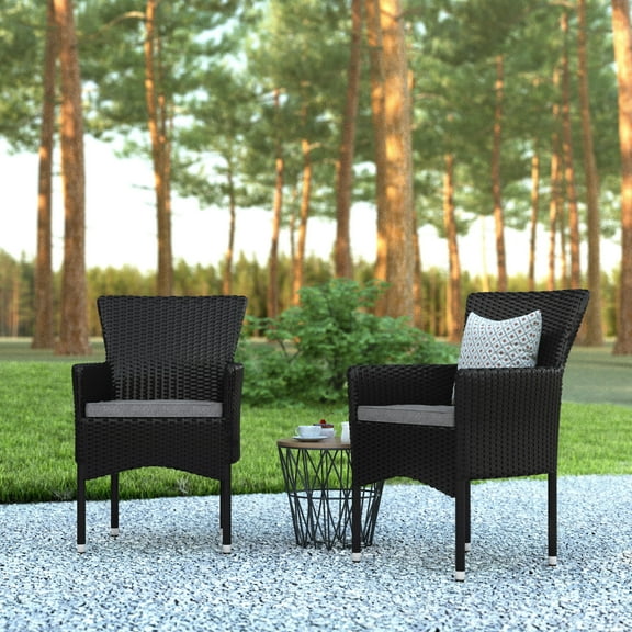 Emma Oliver Set of 2 Modern Black Wicker Patio Chairs with Removable Gray Cushions for Indoor and Outdoor Use