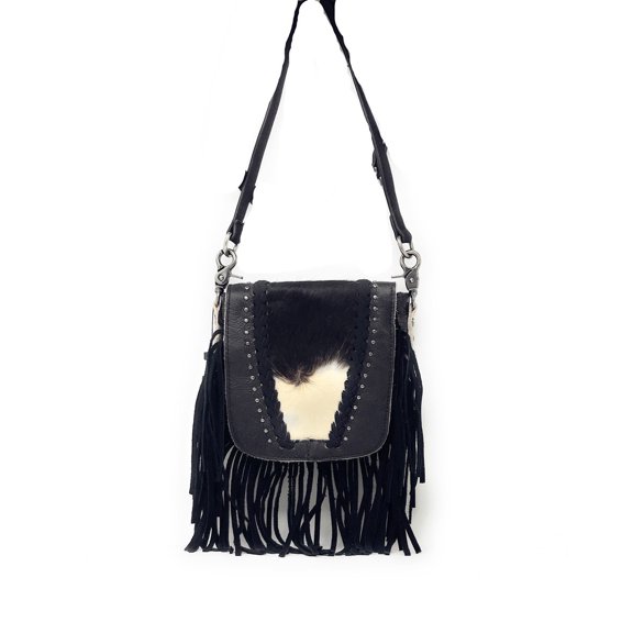 Western Genuine Tool Leather Cowhide Fur Fringe Womens Crossbody Bag