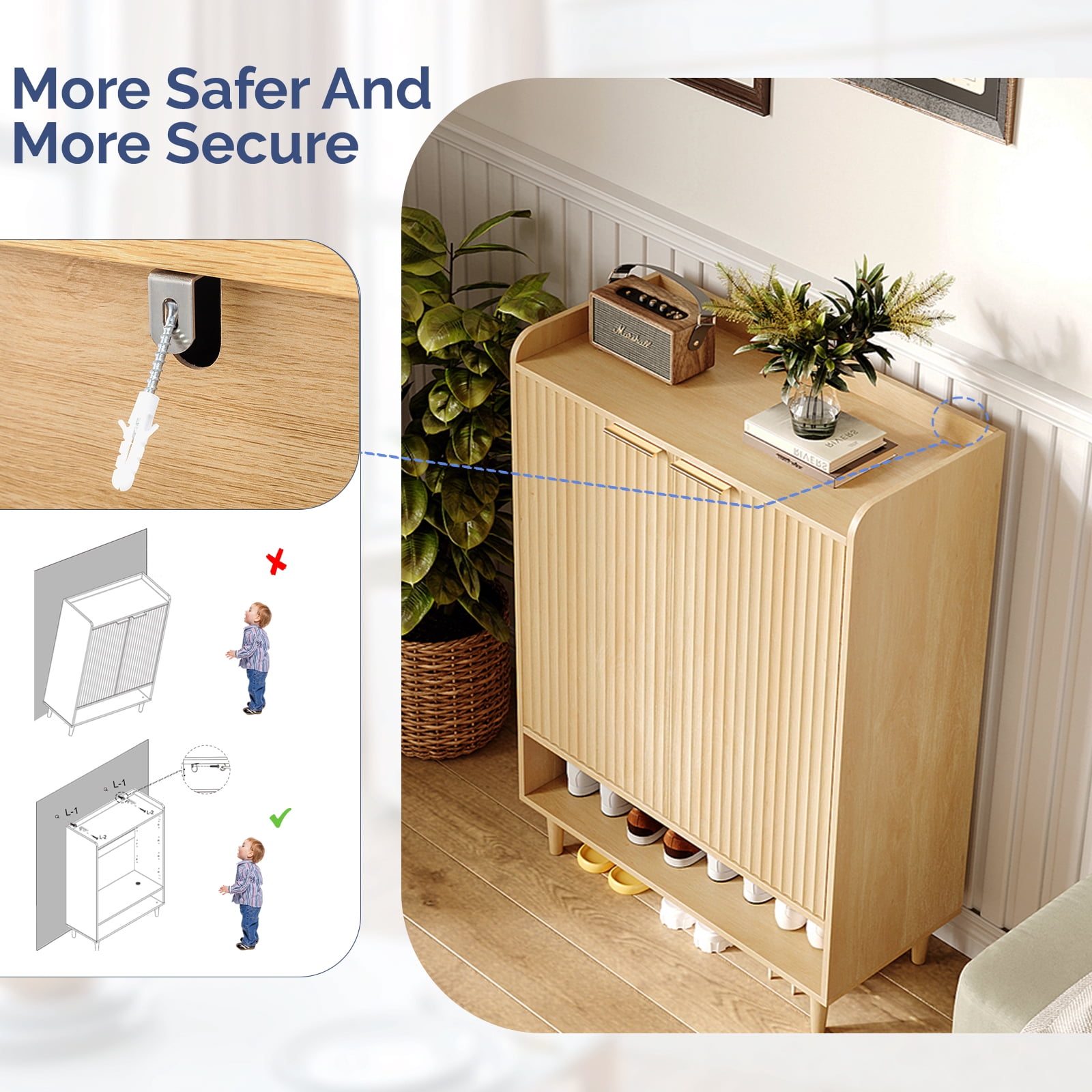 2 Cabinet Doors with Top Enclosure and 1 Row of Shelves for Shoe Cabinets Melamine Board + MDF Conical Leg Grille Shoe Cabinet 31.61*14.17*41.97in Oak