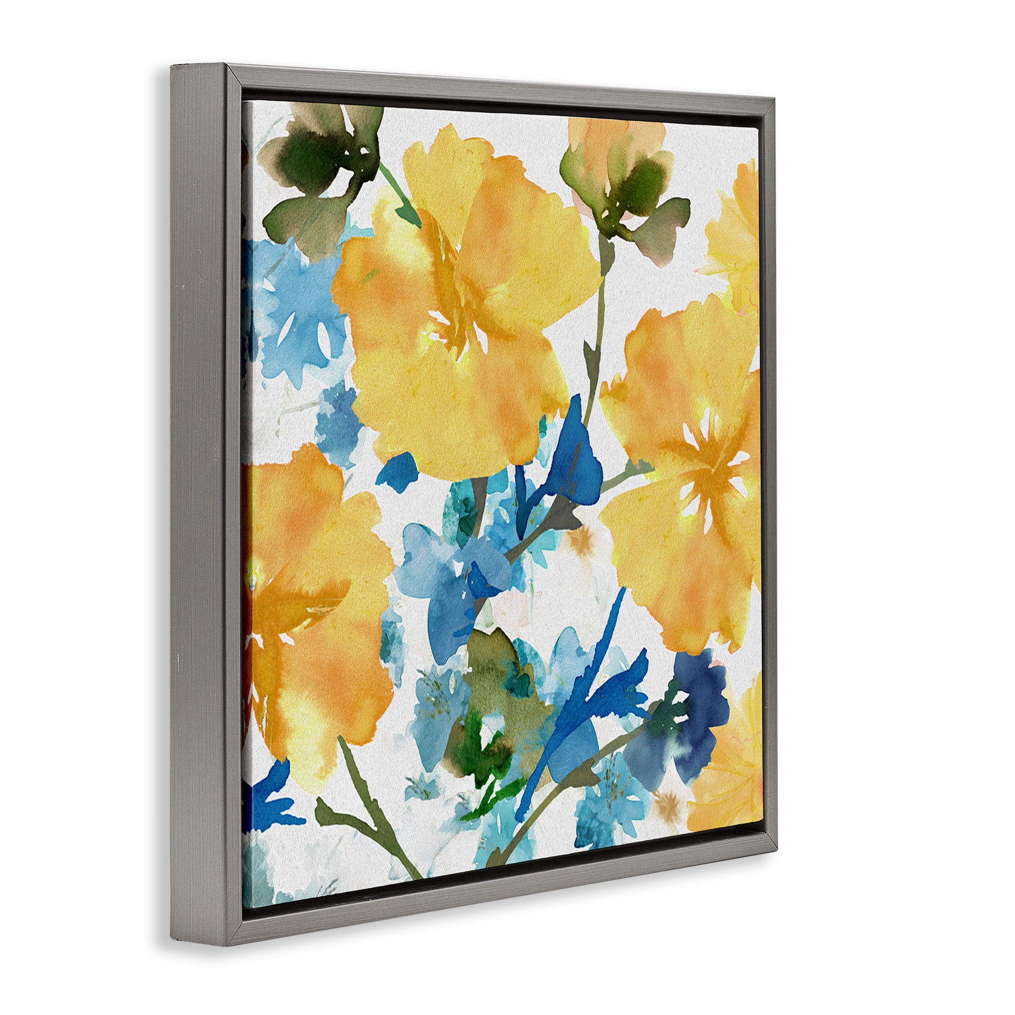 Stupell Industries Yellow & Blue Hibiscus Botanical & Floral Painting Gray Floater Framed Canvas Art Print Wall Art, 18 x 18