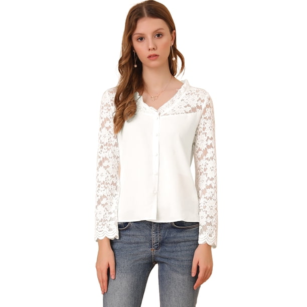 Allegra K Blusa con panel floral de encaje para mujer, cuello en V, manga larga, botón, frente, gasa, top blanco XL