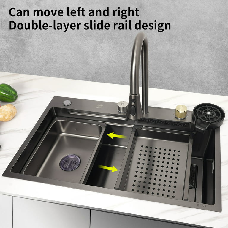Pehohe Kitchen Sinks Waterfall Kitchen Sink Set 304 Stainless Steel Nano  Sink Home Sink Vegetable Basin with Pull-Out Faucet,Add Pressurized Sink  Glass Rinser 