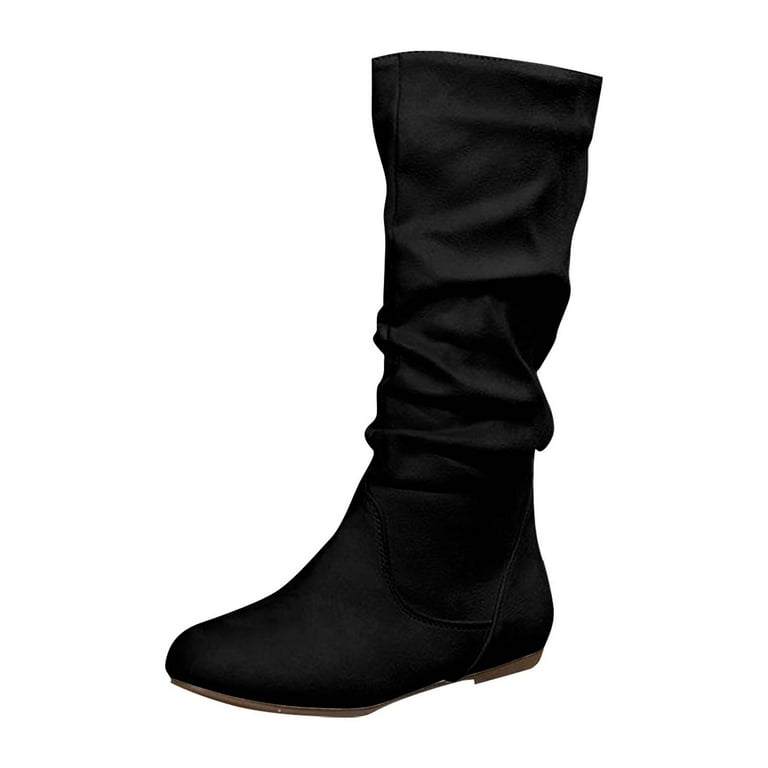 Viluyesy Womens Slouch Boots, Zipper Mid Wide Calf Flat Heels