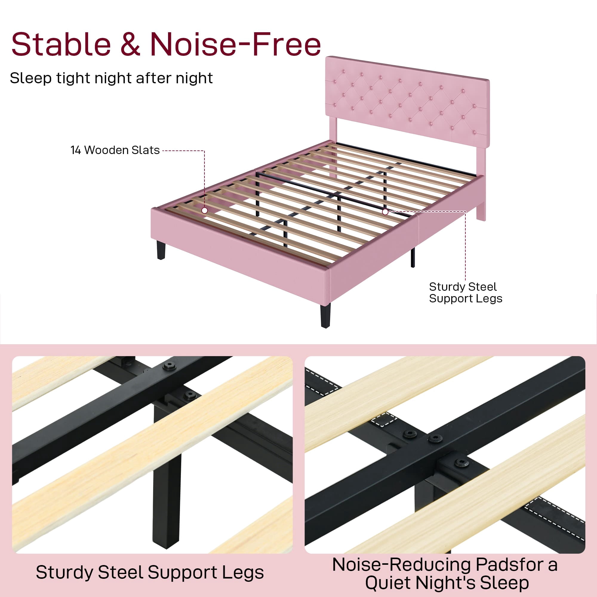 4 EVER WINNER Full Upholstered Bed Frame with Adjustable Headboard, Button Tufted Linen Bed Base, Platform Bed with Wood Slat, Heavy Duty, Easy Assembly, No Box Spring Needed, Pink