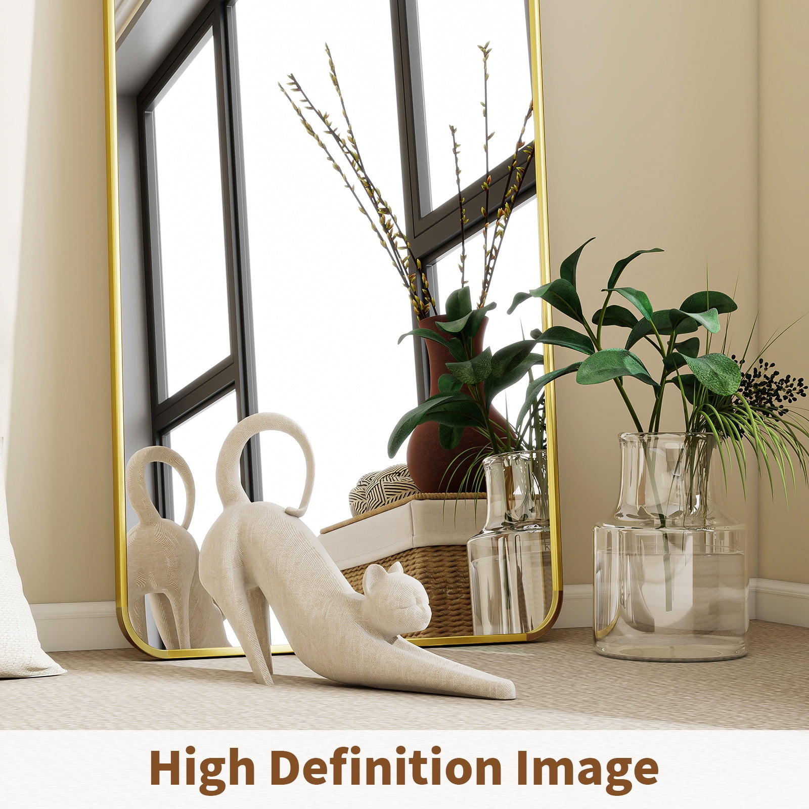 Easy4Home 16"x59" Rectangular Full Length Mirror with Round Corner Standing Full Body Mirror, Gold