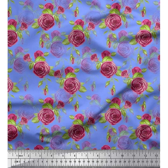 Soimoi Blue Cotton Duck Fabric Leaves & Austin Rose Floral Printed Fabric 1 Yard 56 Inch Wide